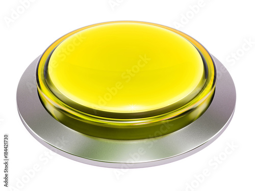 3d yellow shiny button. Round glass web icons with chrome frame on white background. 3d illustration
