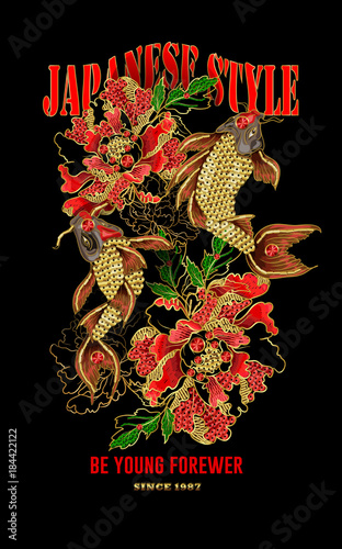 print of Japanese koi carp with pions, embroidered with sequins and beads, for real embroidery or printing.