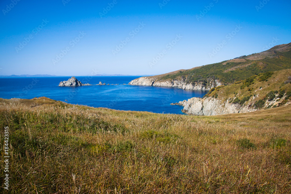 Beautiful view of the valley and coast of the Gamov Peninsula, Primorsky Krai, Russia.
