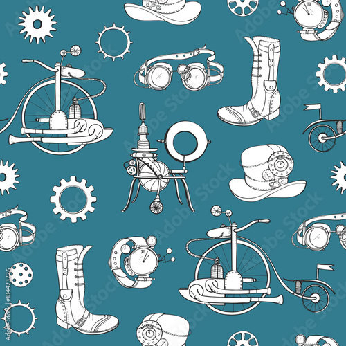 Seamless pattern with steampunk attributes and apparel hand drawn with contou...