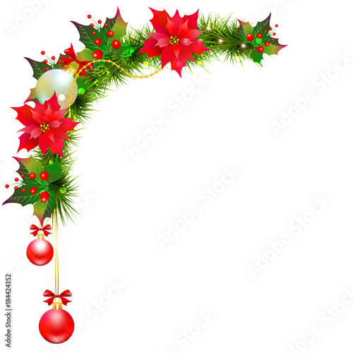 Christmas garland with poinsettia and red ribbons ,isolated on a white