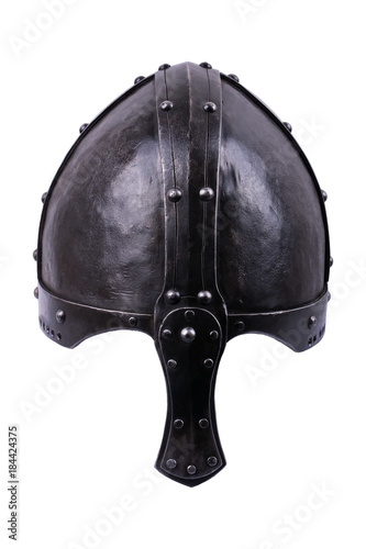 Steel knight helmet on a white background