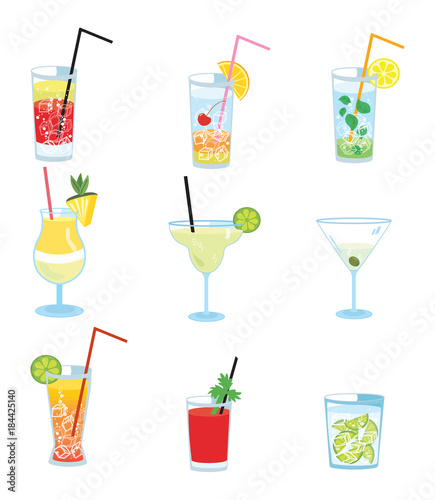 Vector set of alcoholic cocktails. Collection of stylized cooling drinks. Bar menu of summer cocktails.