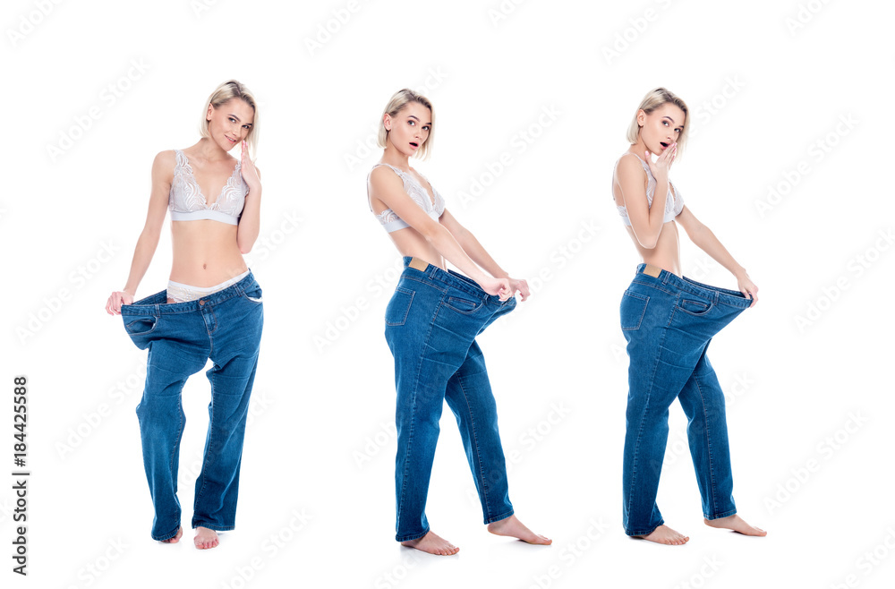 collage with shocked slim girl in old jeans old jeans after losing weight, isolated on white collage with shocked slim girl in old jeans old jeans after losing weight, isolated on white