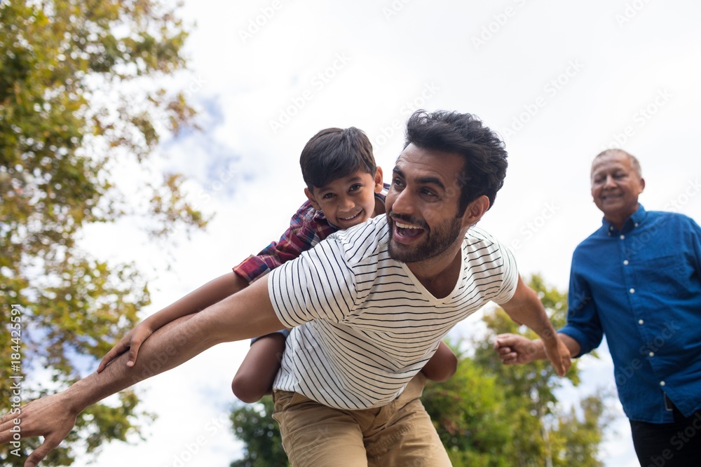 Happy grandfather looking at man giving piggy backing to son - obrazy, fototapety, plakaty 