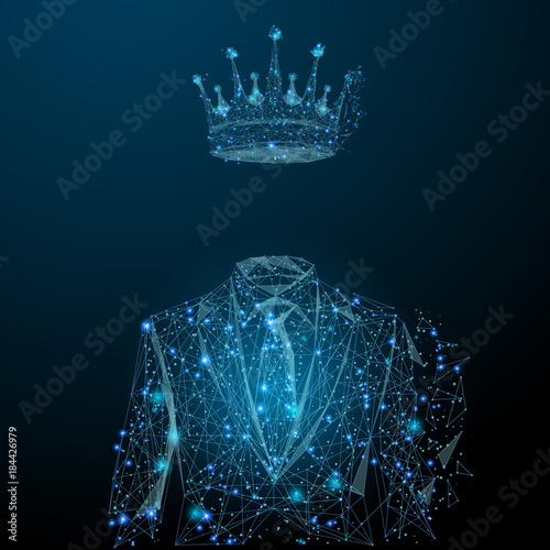 Vector abstract image of businessman in suit with crown in the form of a starry sky or space, consisting of points, lines, and shapes in the form of planets, stars and the universe. RGB Color mode