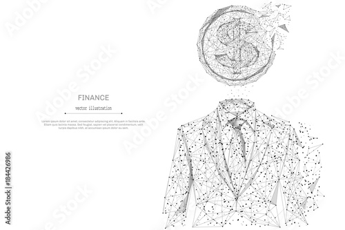 Abstract mash line and point businessman in suit with dollar origami on white background with an inscription. Starry sky or space, consisting of stars and the universe. Vector business illustration