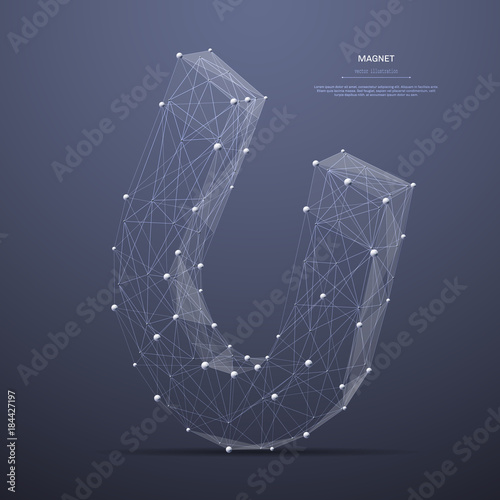 Polygonal magnet low poly wireframe. Business concept. Vector mesh spheres from flying debris. Thin line concept. Gray structure style illustration