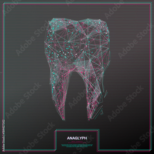Vector distorted glitch concept. Tv distortion 3D effect stereoscopic, tooth low poly. Technological virtual green and red channels. Digital networking concept with anaglyph effect. 3d rendering