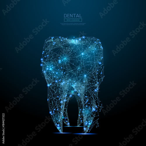Abstract image of tooth low poly wireframe in the form of a starry sky or space, consisting of points, lines, and shapes in the form of planets, stars and the universe. Vector dental. RGB Color mode