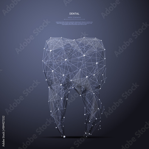 Fototapeta Naklejka Na Ścianę i Meble -  Polygonal tooth. Dental concept. Vector mesh spheres from flying debris. Thin line concept. Metallic structure style illustration