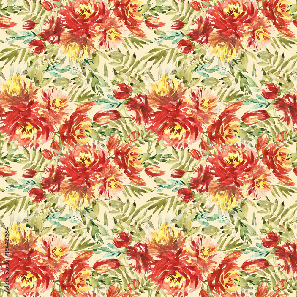 Seamless pattern with large watercolor flowers by red peonies. Elegant template for fashion prints.
