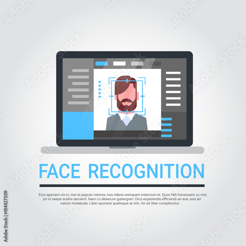Face Recognition Technology Laptop Computer Security System Scanning Male User Biometric Identification Concept Vector Illustration