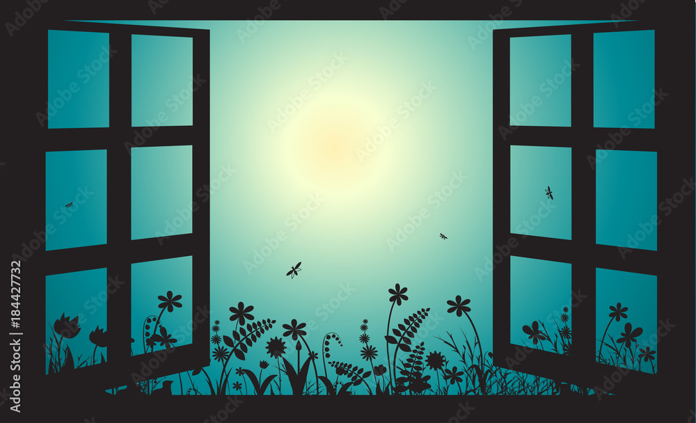 open window in early morning summer garden, sun rise, Stock Vector | Adobe  Stock