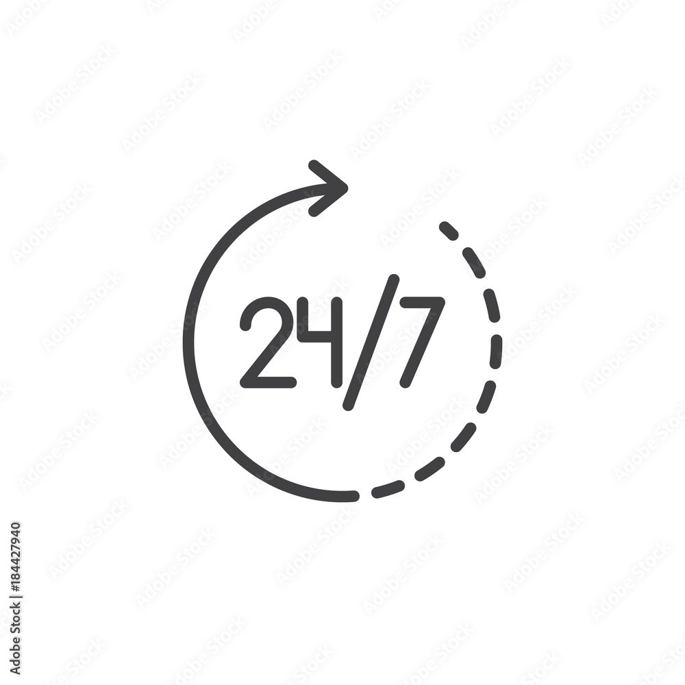 24 hours in 7 days week available service line icon, outline vector sign, linear style pictogram