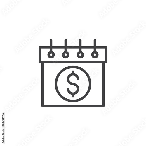 Dollar calendar day line icon, outline vector sign, linear style pictogram isolated on white. The pay day reminder symbol, logo illustration. Editable stroke