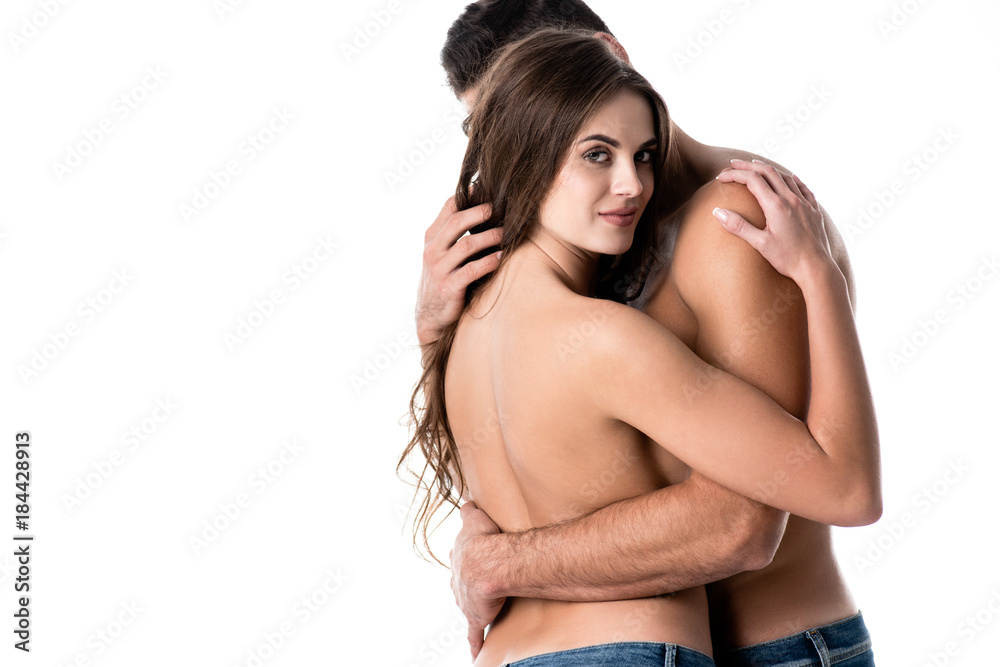back view of sensual half naked couple hugging isolated on white back view of sensual half naked couple hugging isolated on white