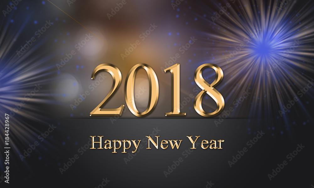 2018 card, New Year's eve illustration with fireworks and golden, glowing, sparkle 2018 Happy New Year text on grey background with blurry, colorful lights. 