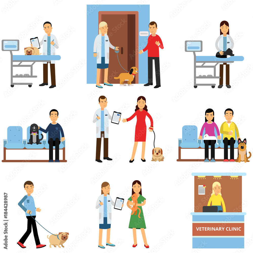 Veterinary clinic set, people visiting vet clinic with their pets, veterinary doctors examining dogs and cats cartoon vector Illustrations