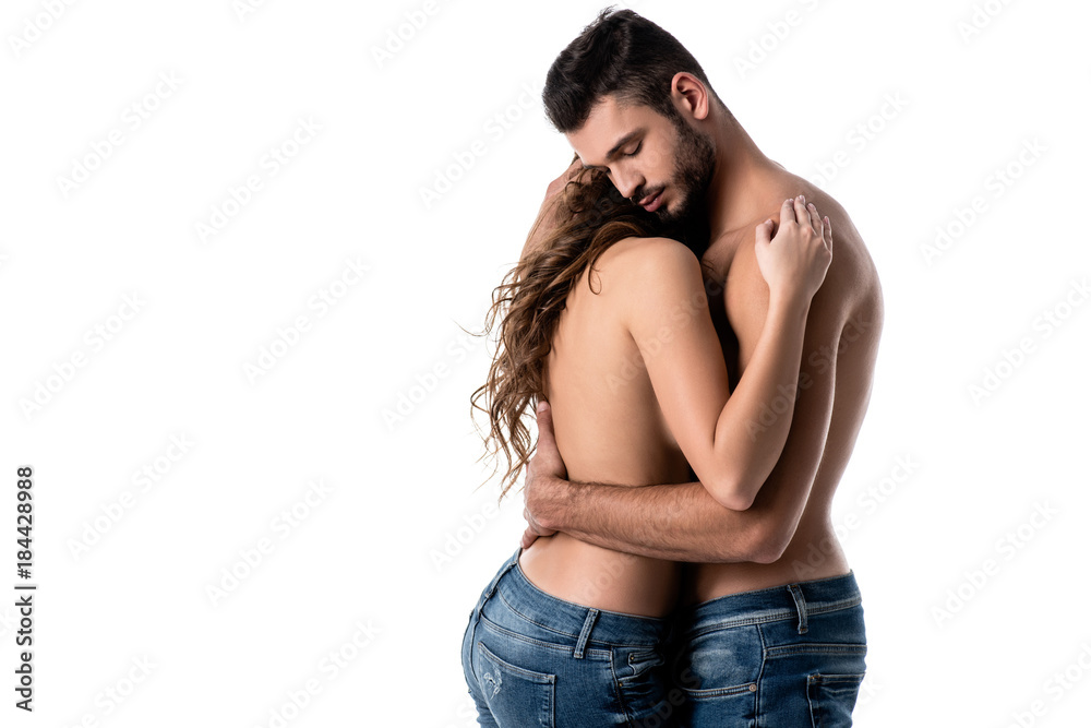 beautiful sensual half naked couple hugging in jeans isolated on white  Stock Photo | Adobe Stock