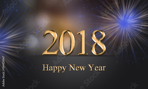 2018 card, New Year's eve illustration with fireworks and golden, glowing, sparkle 2018 Happy New Year text on grey background with blurry, colorful lights. 