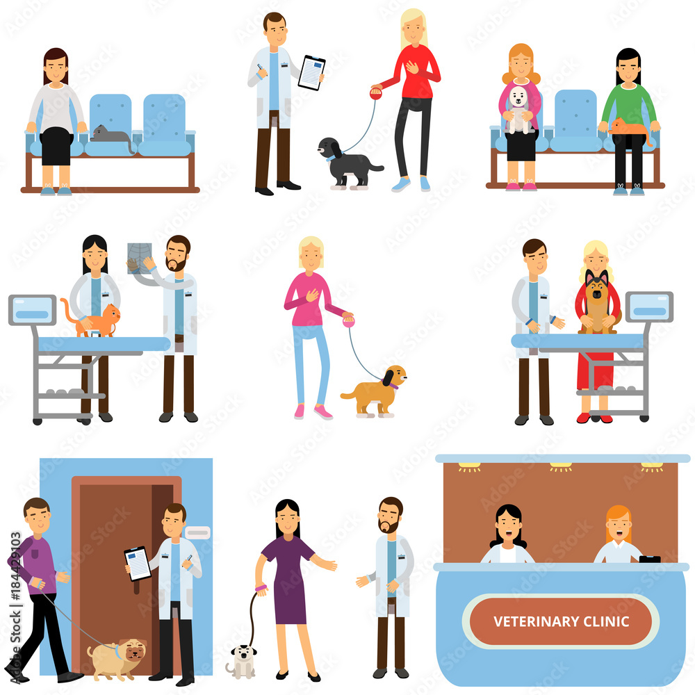 Vet clinic set, veterinary doctors examining dogs and cats, people visiting vet clinic with their pets cartoon vector Illustration