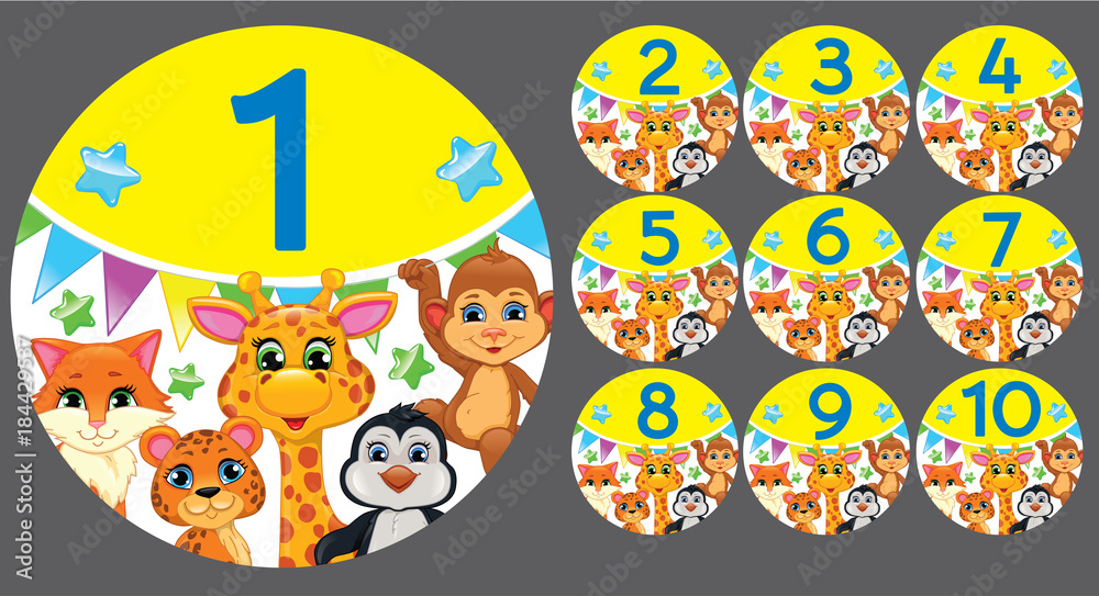 Figures 1 to 10 in a circle with animals