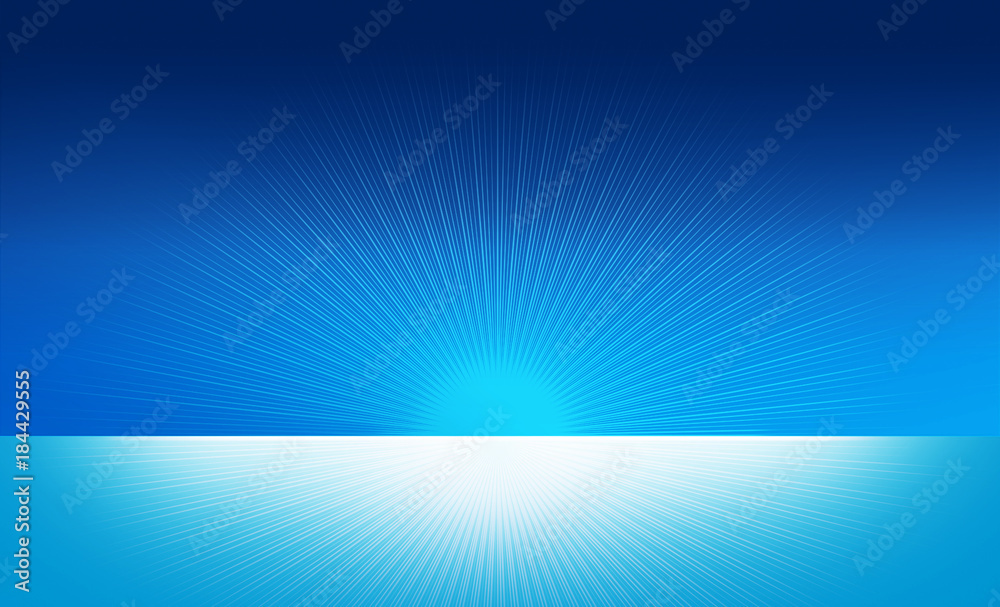 Empty highlighted blue abstract scene with reflections on the ground and symmetric radial rays design on the background. Stage to display objects or products. Copy space. Empty highlighted blue abstract scene with reflections on the ground and symmetric radial rays design on the background. Stage to display objects or products. Copy space.