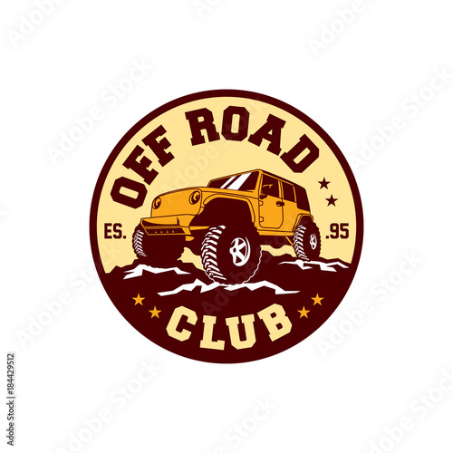 Colored  Off Road Car 4x4 Vehicle Logo Badge Template with Old Style Retro Vintage. 