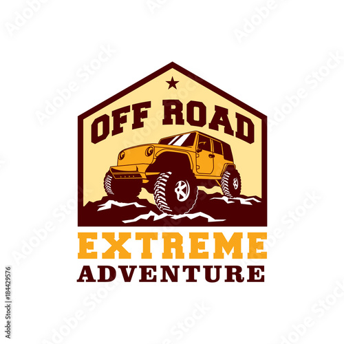Colored  Off Road Car 4x4 Vehicle Logo Badge Template with Old Style Retro Vintage. 