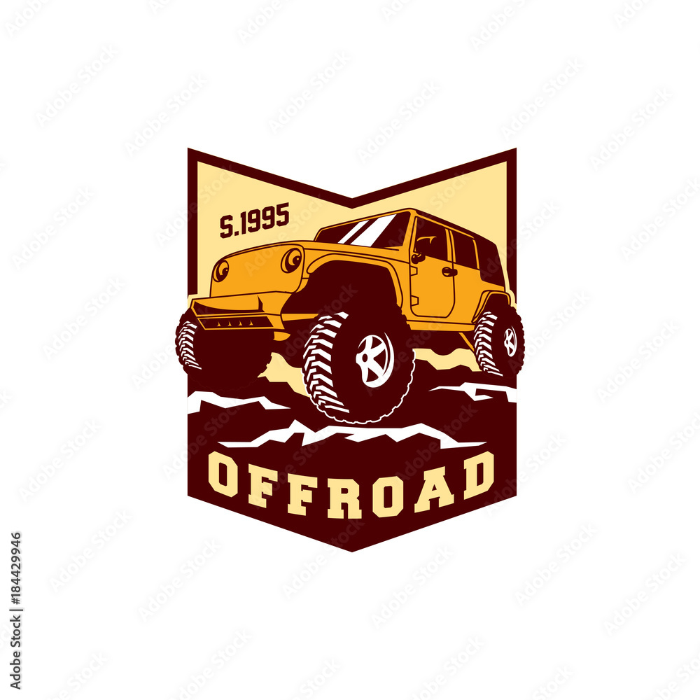 Colored  Off Road Car 4x4 Vehicle Logo Badge Template with Old Style Retro Vintage. 