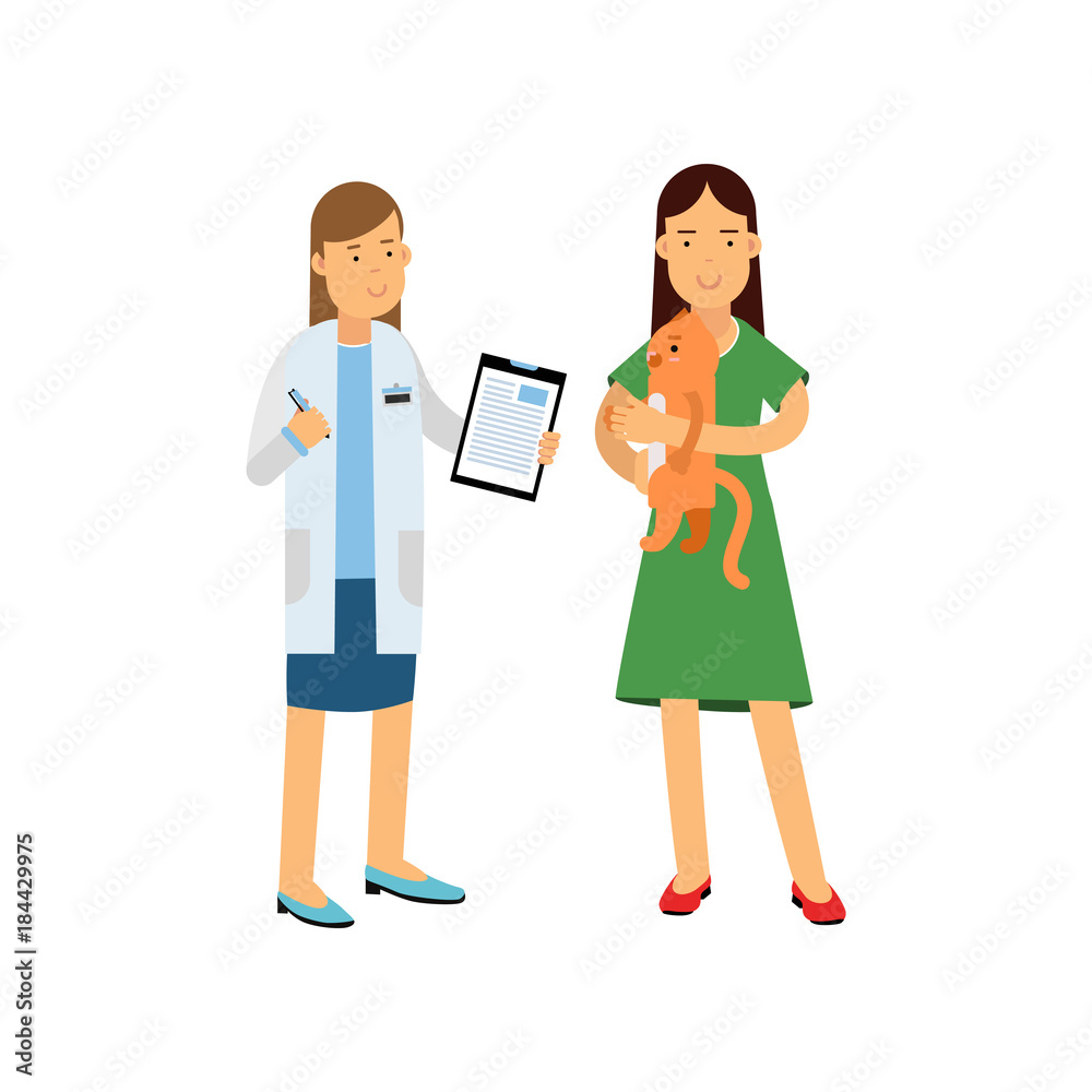 Brunette woman at the veterinary doctor with her pet cat colorful cartoon vector Illustration Brunette woman at the veterinary doctor with her pet cat colorful cartoon vector Illustration