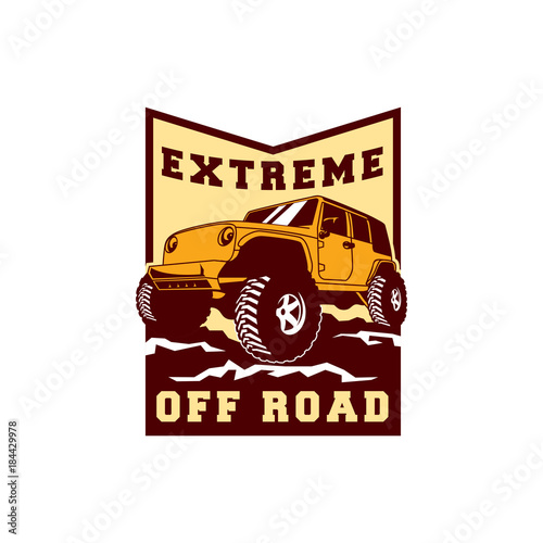 Colored  Off Road Car 4x4 Vehicle Logo Badge Template with Old Style Retro Vintage. 