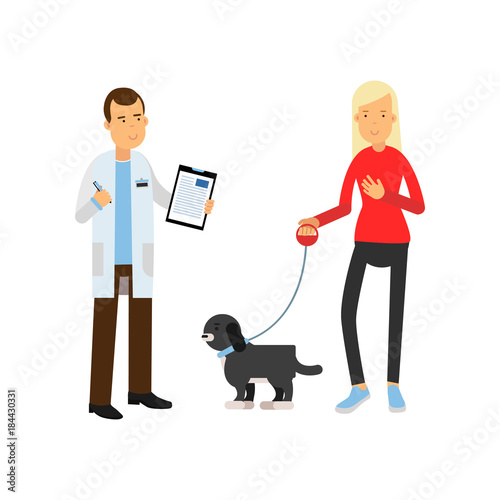 Blonde woman at the veterinary doctor with her pet dog colorful cartoon vector Illustration