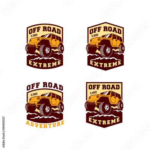 Set of Colored  Off Road Car 4x4 Vehicle Logo Badge Template with Old Style Retro Vintage. 