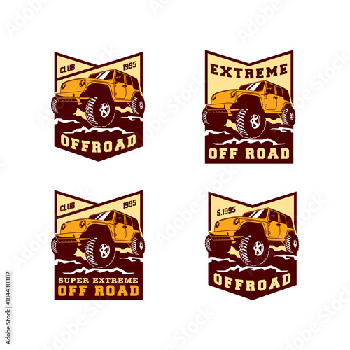 Set of Colored  Off Road Car 4x4 Vehicle Logo Badge Template with Old Style Retro Vintage. 