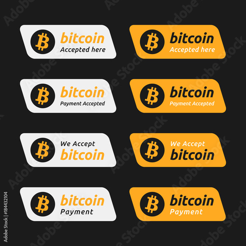 Bitcoin accepted payment button. World crypto currency BTC icon flat design template with text 'bitcoin accepted here' and 'we accept bitcoin'. banner, sign, badge, emblem, sticker, label.