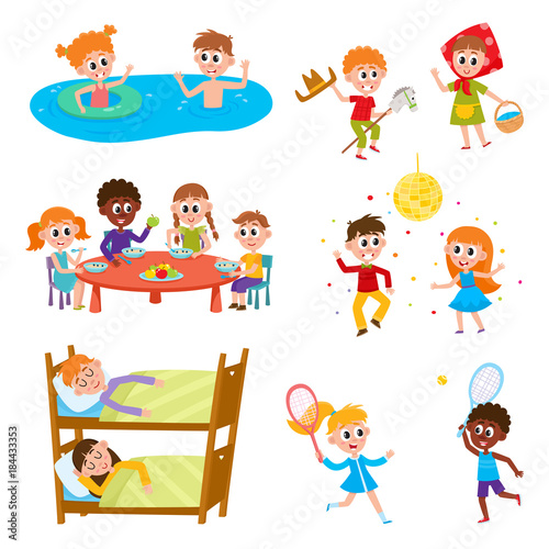 Set of kids, boys and girls on vacation in summer camp - eating, sleeping,  playing, swimming, dancing, sleeping, cartoon vector illustration on white  background. Happy kids in summer camp set vector de