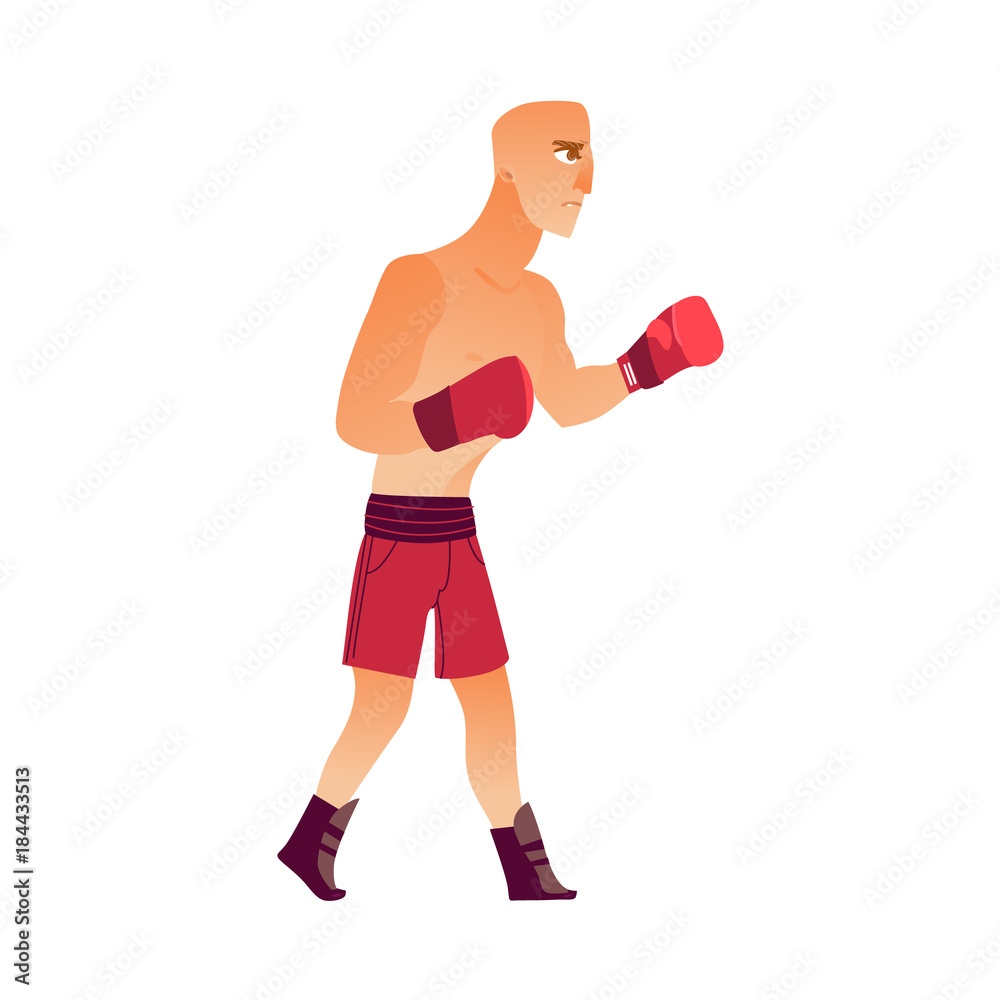 Young, bald Caucasian male boxer in boxing gloves, shirtless, ready to fight, flat vector illustration isolated on white background. Side view, flat style portrait of young Caucasian boxer fighting Young, bald Caucasian male boxer in boxing gloves, shirtless, ready to fight, flat vector illustration isolated on white background. Side view, flat style portrait of young Caucasian boxer fighting