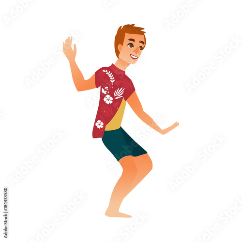 vector cartoon young adult man dancing at beach party in summer clothing, in shorts and shirt with flowers print. Isolated illustration on a white background.