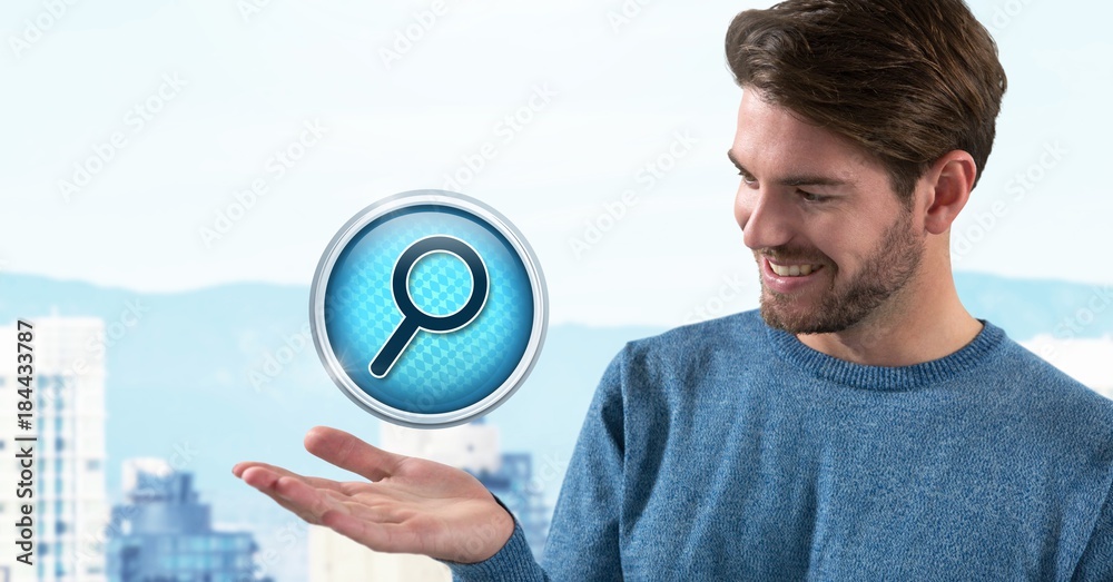 Magnifying glass search icon and Businessman with hand palm open Magnifying glass search icon and Businessman with hand palm open