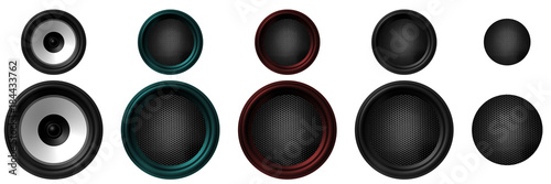 red, blue and black Speakers on a white background