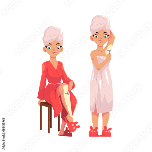 vector cartoon girls removing hair set. Woman in red bathrobe sitting at chair shaving legs, girl wrapped in white towel doing epilation of armpit. Isolated illustration on a white background