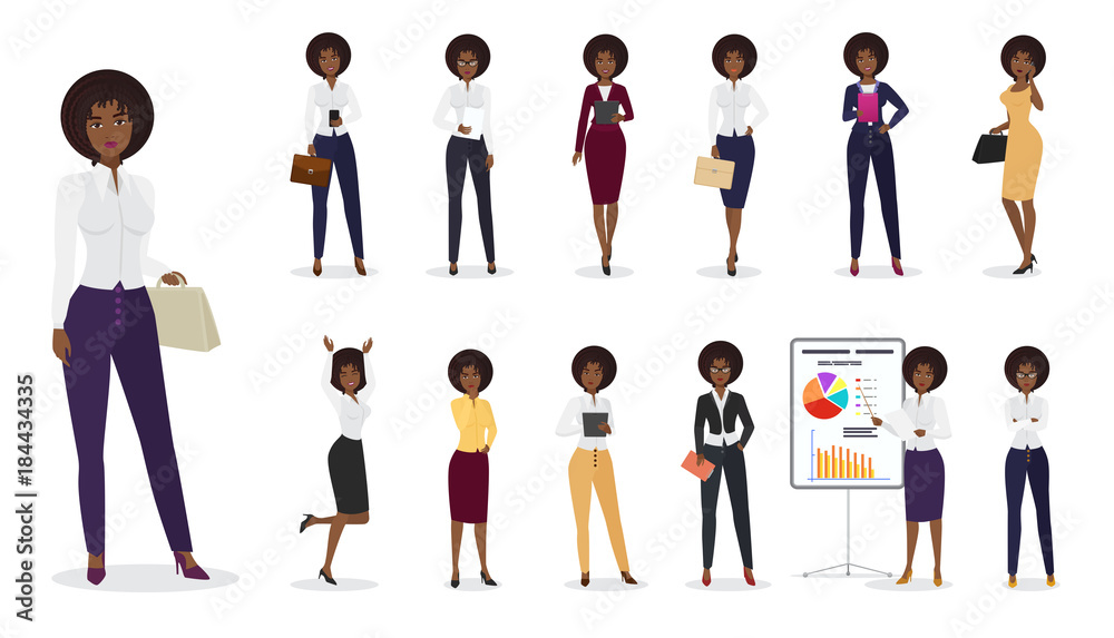 Vector Cartoon african american businesswoman female standing in different positions. Woman character set.