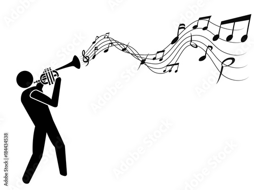 trumpet blowing music notes