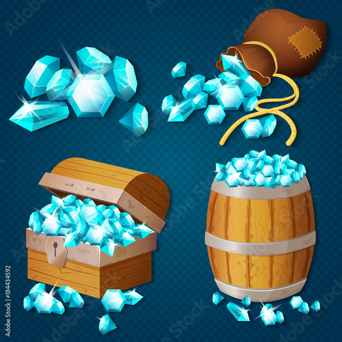 Old wooden chest, barrel, old bag with gems diamonds. Game style treasure vector illustration.