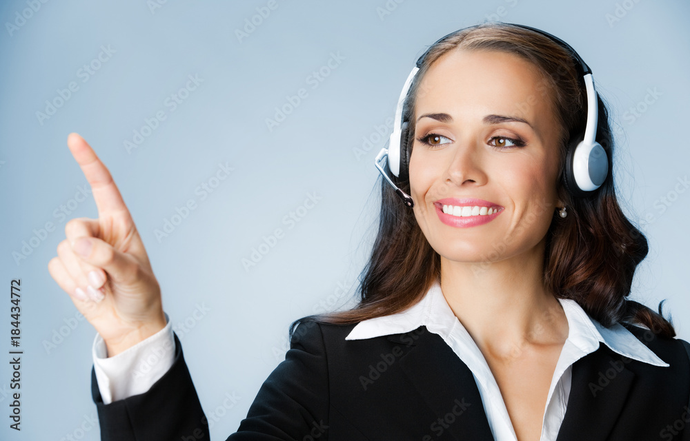 Support phone operator pointing, over blue Support phone operator pointing, over blue