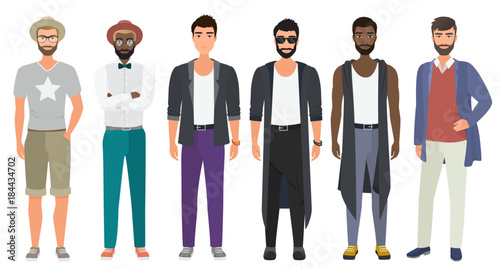 Stylish handsome men dressed in modern casual fashion male style clothes, vector illustration. Cartoon flat vector illustration.