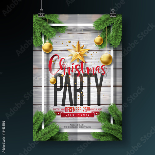 Vector Merry Christmas Party Flyer Design with Holiday Typography Elements and Ornamental Balls on Vintage Wood Background. Premium Celebration Poster Illustration.