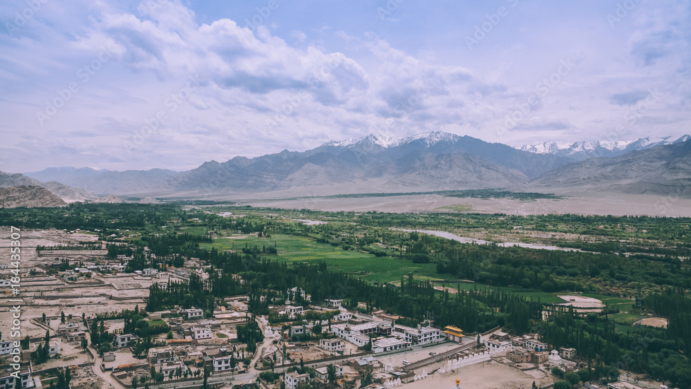 aerial view of Leh cityscape and beautiful mountains in Indian Himalayas